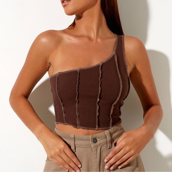 Motel Rocks Rara Crop Top In Rib Deep Mahogany With Brown Stitching - Picture 1 of 9